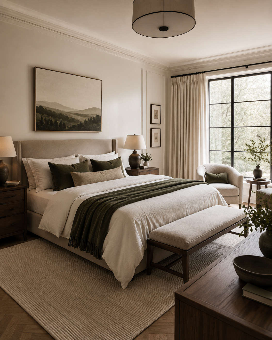 Serene bedroom retreat with layered neutrals and green accents
