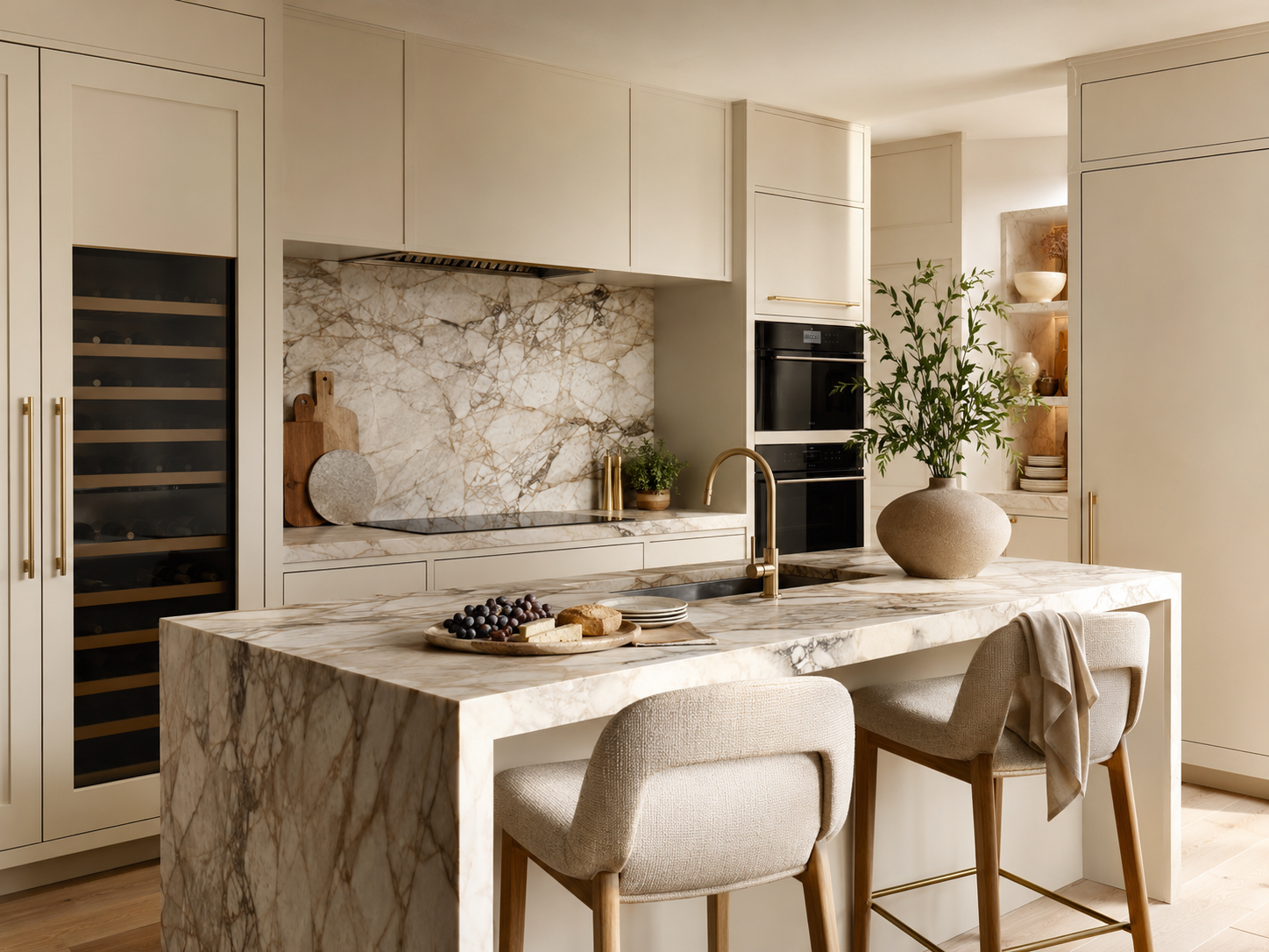 Warm customized kitchen with ivory cabinetry and statement marble